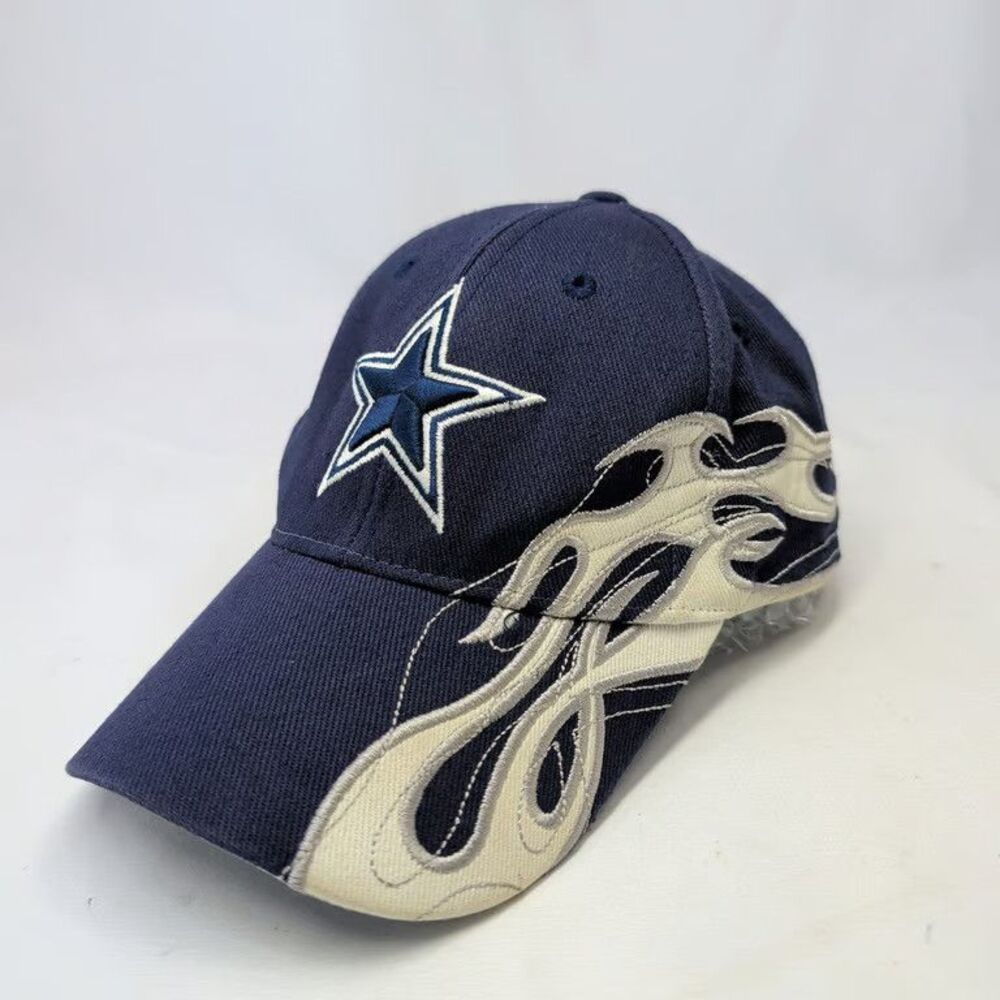 Dallas Cowboys Embroidered Flames NFL Hat Vtg Adjustable Strapback Cap Navy Blu